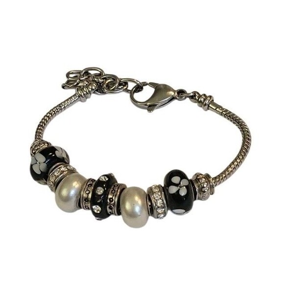 Bella Perlina Style Silvertone Bracelet Black Glass Rhinestone Pearlized Beads - Picture 1 of 4